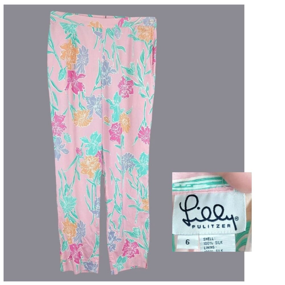 Vintage Lilly Pulitzer Floral Pants 6 Small Silk Pink